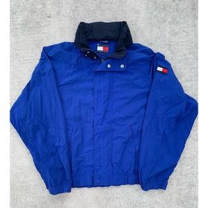 Tommy Hilfiger Men's Windbreaker Spell Out Neck Hidden Hood Blue Size Medium